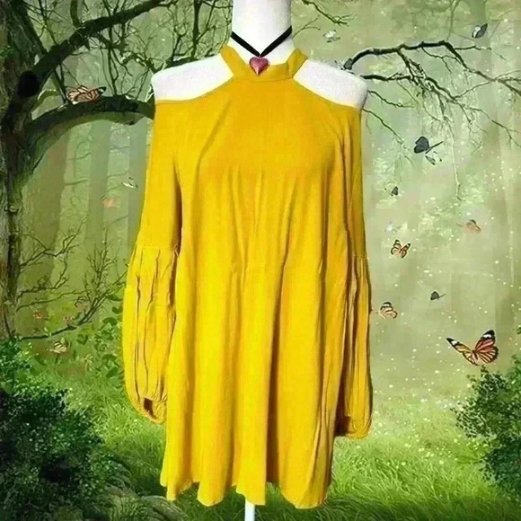 Free  People Drift Away Yellow Cold Shoulder Mini Dress Size L - Picture 2 of 12